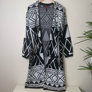 Celsius Premium | Black White Knit Open Front Aztec Pocket Cardigan Sweater L